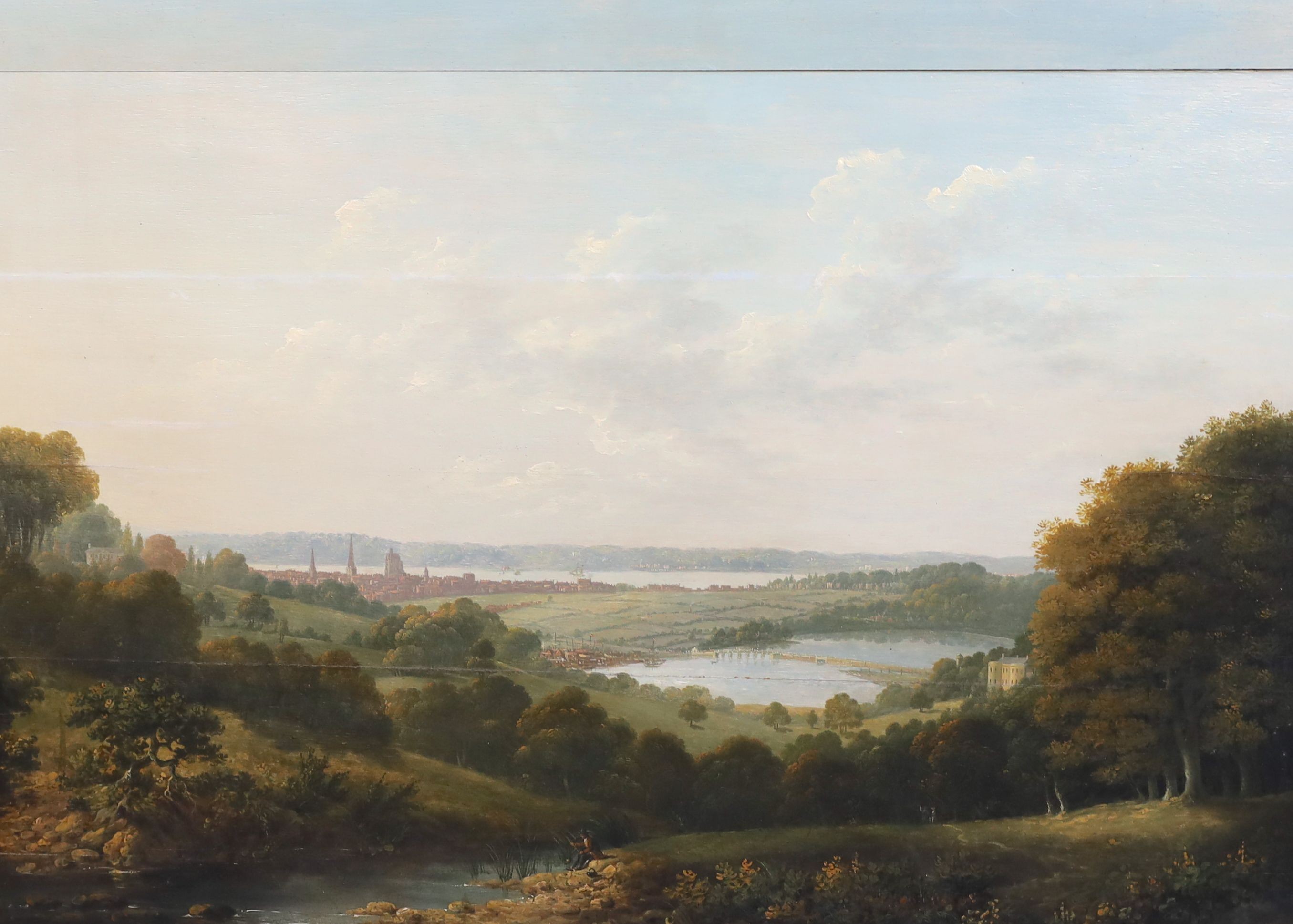 John Tobias Young (1755-1824), View of Southampton across the River Itchen with Southampton Water beyond, oil on wooden panel, 62 x 87cm